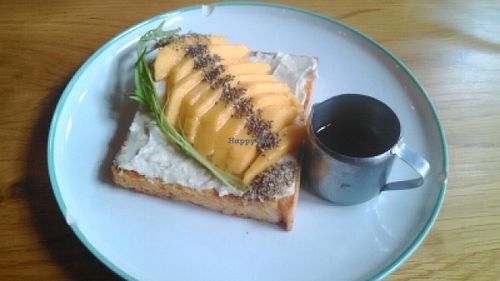 Cashew cheese and mango on vegan toast at Veganerie Concept - Benjasiri Park in Bangkok