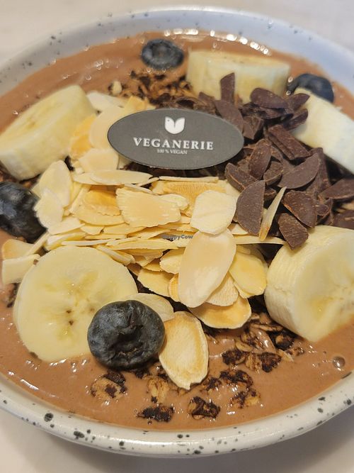 Choco smoothie bowl with almond milk at Veganerie Concept - Benjasiri Park in Bangkok