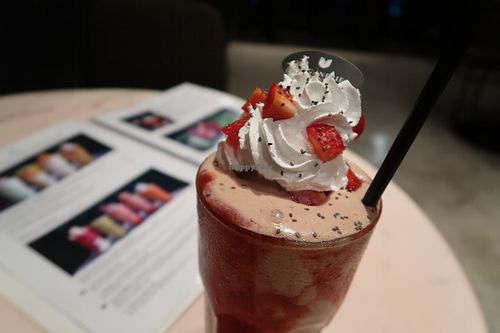 Strawberry yoghurt milkshake! at Veganerie Concept - Benjasiri Park in Bangkok