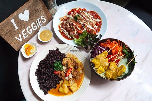 Massamam curry(left. Not really a curry) Italian crepe(top. best warm food I had there)tofu satay veggie noodle salad(right. Big and good satay sauce) at Veganerie Concept - Benjasiri Park in Bangkok