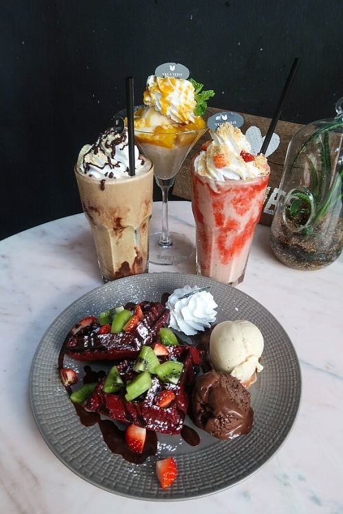 Their month special: mango sticky rice sorbet and it was amaaazing!! Also the strawberry cheesecake milkshake is incredible. The other one is chocolate pb banana milkshake, tastes a lot like pb. at Veganerie Concept - Benjasiri Park in Bangkok