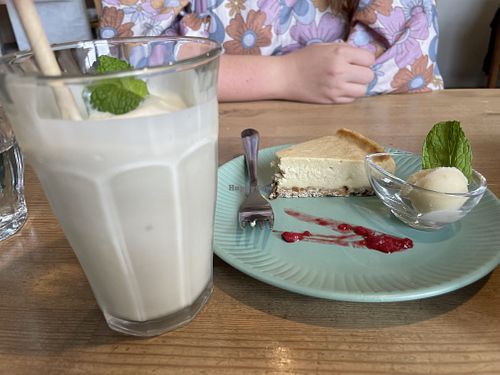 Yogurt smoothie and lemon flavoured cheesecake   at Musubi Cafe in Kyoto