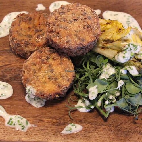 Vegan Crispy Polenta Lentil Cakes at Ambiente Tapas - Fossgate in York