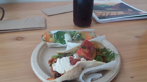 Lunch - a very fresh and delicious Spring Roll and a Chili Wrap. I also had a fresh beetroot juice. at Hapi in Napier