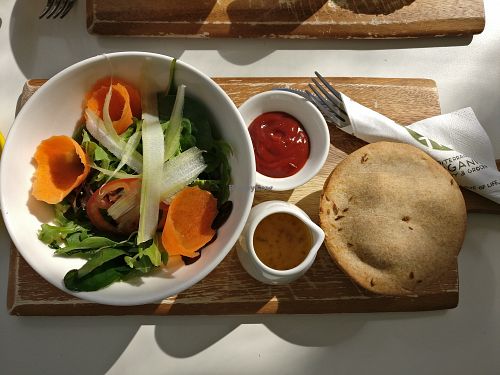 Spelt curry veg pie with salad at Happy Olive Tree in Sunbury