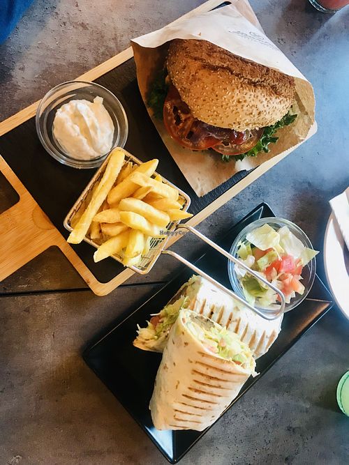beyond burger, fries and greek wrap at Plantaz Bistro & LimeLight BAR in Martin