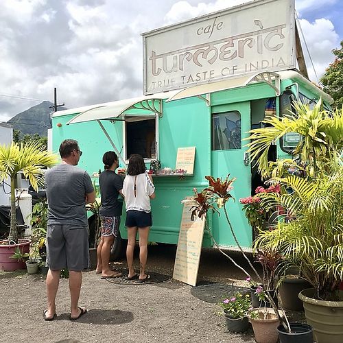 In the food truck lot behind the liquor store at Cafe Turmeric in Hanalei