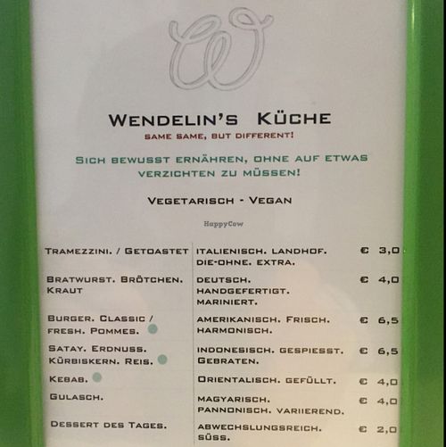 menu  at Wendelin's Kuche in Vienna