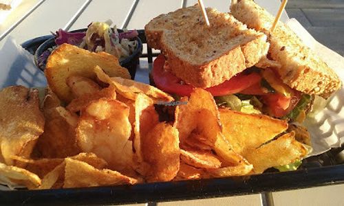 Falafel sandwich, cabbage slaw, housemade chips at Local Foods - The Village in Houston