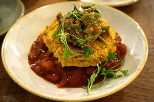 Sweet corn fritatas + Spicy beans (Breakfast menu) at Deliciously Ella - Seymour in London