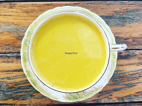 Golden turmeric latte with soy milk  at Ground Earth in Woolgoolga