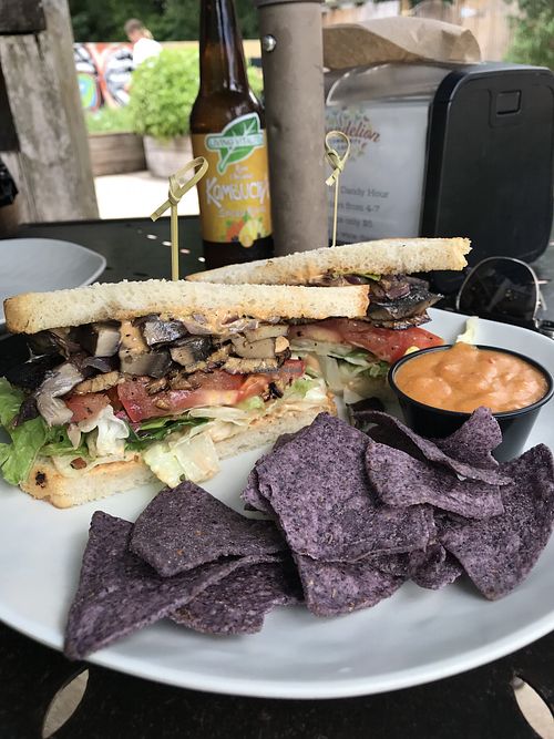 Portobello + Tempeh Bacon Sandwich w/ a side of queso at Dandelion Community Cafe in Orlando