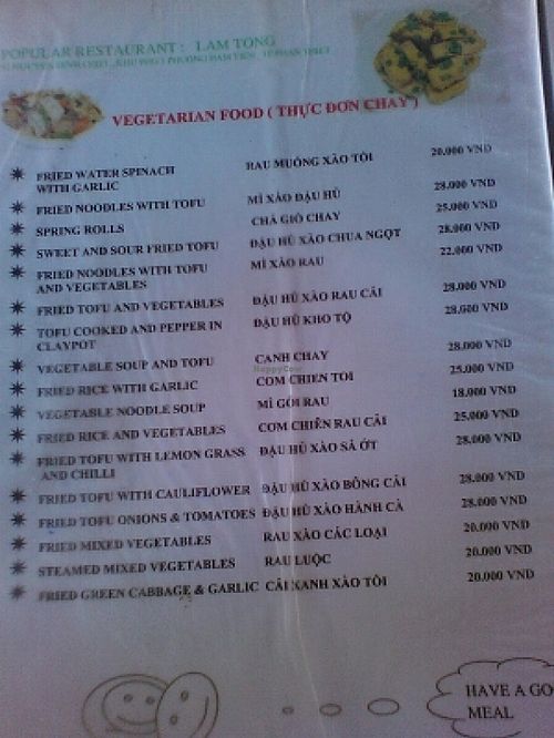 vegetarian menu at Lam Tong Quan in Phan Thiet