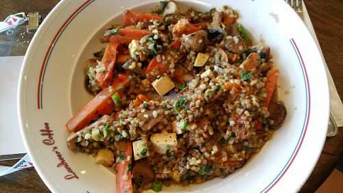Buckwheat groats, chestnuts, walnuts, yellow vegetables. at Cafe Landwer - Cinema City in Jerusalem