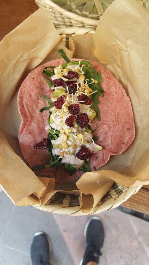 Raw vegan taco made on >> beetroot + sesame + chia = tortilla  at La Pitahaya Vegana in Mexico City