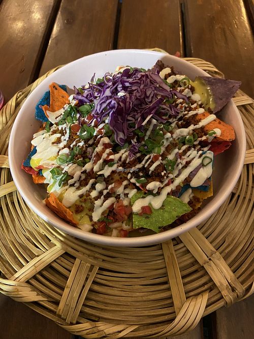 Nachos with chickpea chorizo   at La Pitahaya Vegana in Mexico City