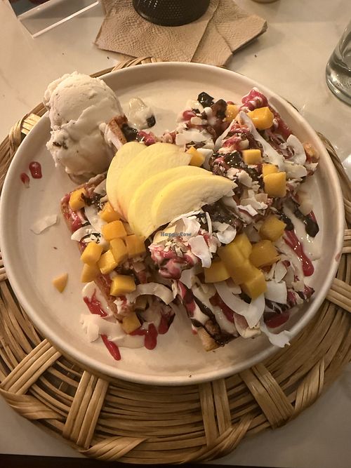 Waffle dessert   at La Pitahaya Vegana in Mexico City