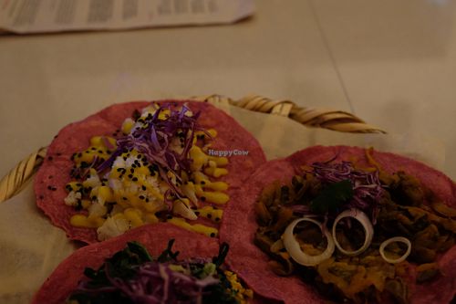 Three tacos at La Pitahaya Vegana in Mexico City