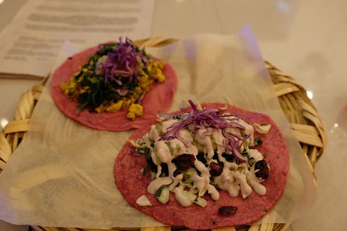 Two tacos at La Pitahaya Vegana in Mexico City