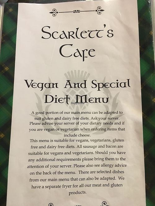 Vegan menu at Scarlett's Cafe in Falkirk