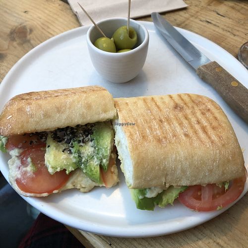 Vegan panini option, with tomato, hummus and avocado.
Served with options of either olives, chips or crisps at The Lookout on the Quay in Looe