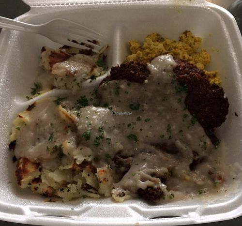 Chickpea fried 'steak', tofu scramble, hash browns, all over gravy at Handy Diner in Denver