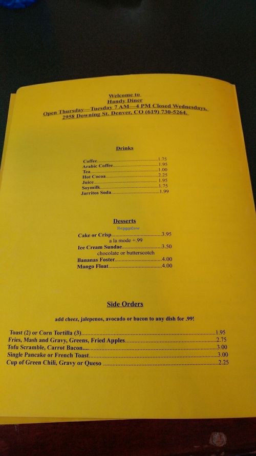 menu as of 2-17 at Handy Diner in Denver