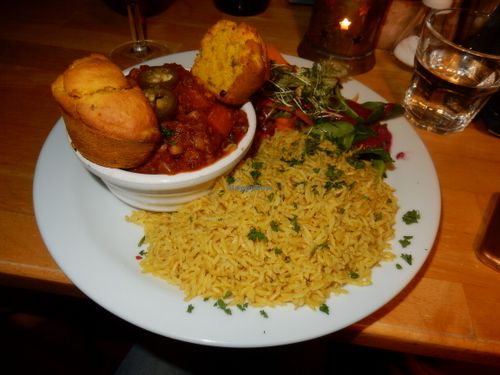 Chili with cornbread, rice and salad. at Cafe Van Gogh in South West London
