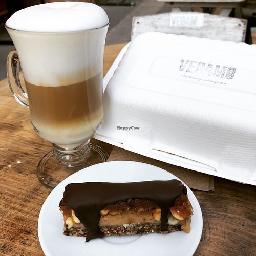 A snickers bar and a delicious cappuccino prepared right at Vegamo Centro in Mexico City