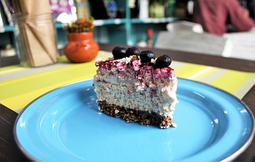 Vegan red berry cheesecake at Vegamo Centro in Mexico City
