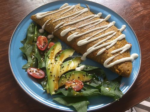 Omelette- chickpea and potato flour with beans and mushrooms at Vegamo Centro in Mexico City