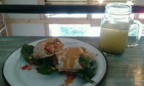 quinoa burrito and ginger drink at Vegamo Centro in Mexico City