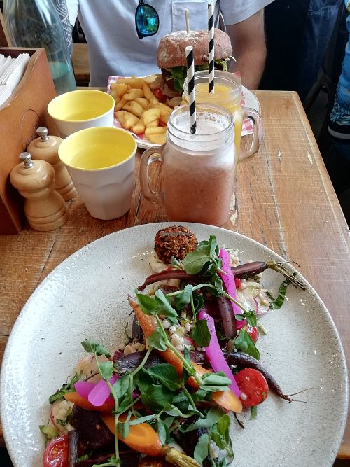 Burger and salad at Speedo's Cafe in Bondi Beach