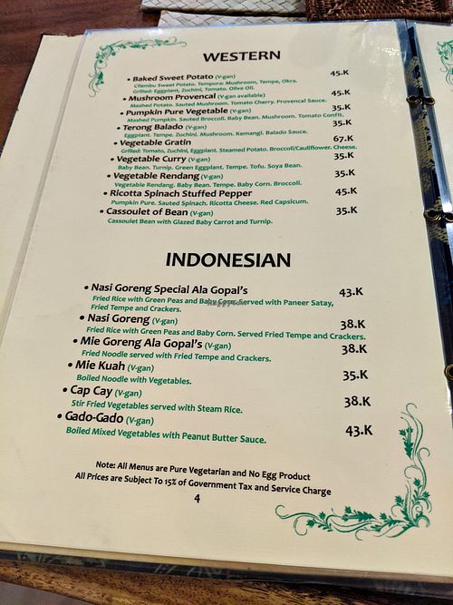 Page of menu at Gopal's Cafe at Gopal's Cafe in Sanur