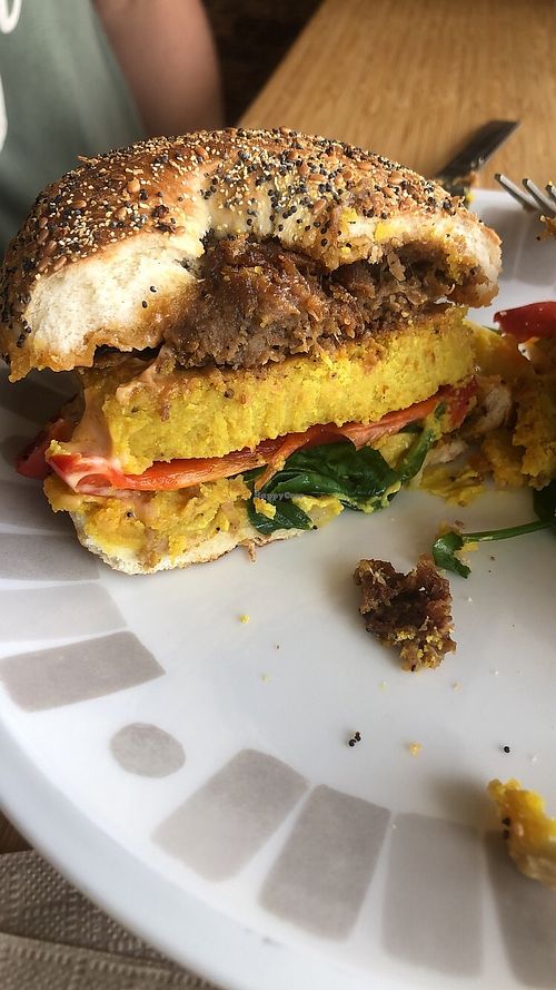 Breakfast sandwich w/ sausage. So good!!! at Juicy Brew - Kaimuki in Honolulu