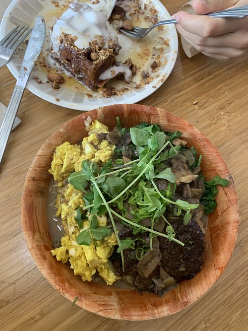 Golden milk waffles and loco moco (weekend brunch) at Juicy Brew - Kaimuki in Honolulu