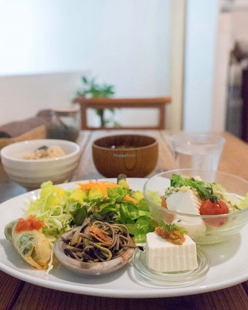 Lunch set with tofu, soba, spring roll, salad, and brown rice.  at Sangmi Abeno in Osaka