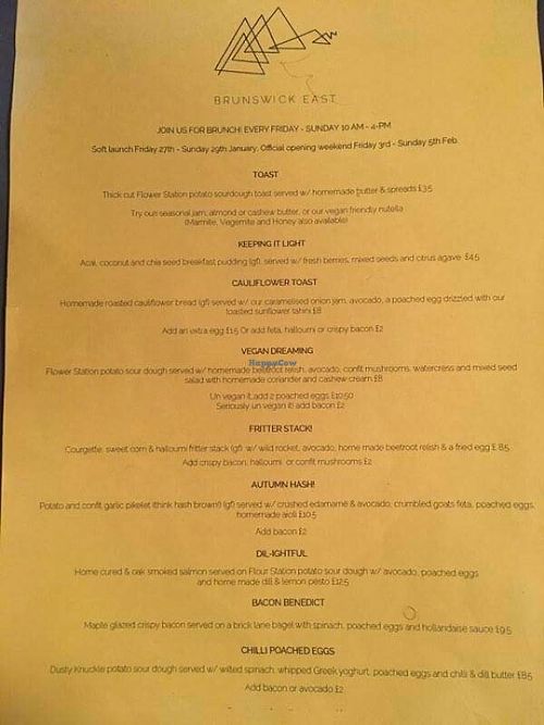 menu at TripKitchen at TripSpace in East London