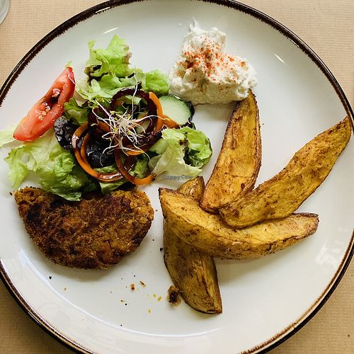 Burger, (half eaten ;), salad, fries and veganesa at Siloe Cuina Vegana in Cornella