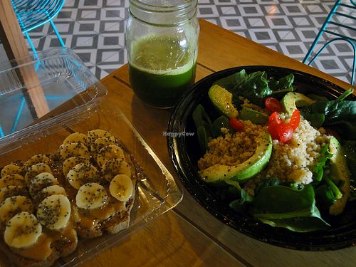 Toast with gluten free bread, peanutbutter and banana. Kvinoa salad. The remedy juice with pineapple, cucumber, kale, mint and ginger.  at The Yogi Bar in Puerto Vallarta