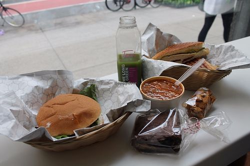 Fish Fillet, Veggie Soup, and Bac'n Cheddar Chick'n Ranch.  at Terri - Midtown East in New York City