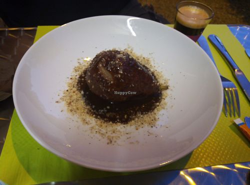 Poached Pear with Chocolate Sauce at Celoma in Thonac