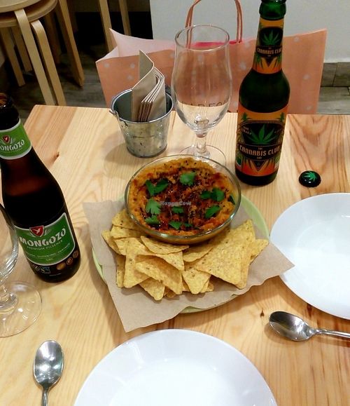 Corn nachos with carrots and green olives pate  at Almalibre Acai Bar in Valencia