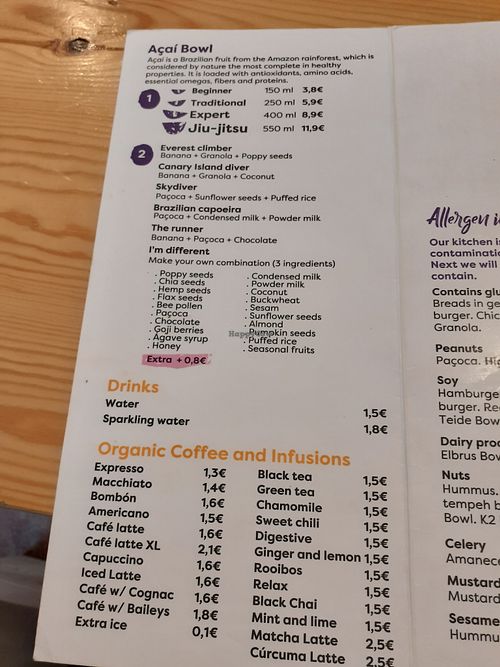 Menu at Almalibre Acai Bar in Valencia