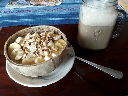 Cocoa Peanut Butter Bowl and Soy latte at Nomad Cafe in Hoi An