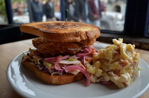 Fried "chicken" BLAT sandwich with macaroni-bacon salad. at The Butcher's Son in Berkeley