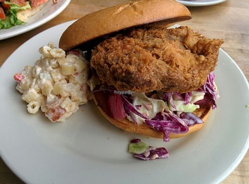 Cassic Fried "chicken" with "bacon" macaroni salad on the side at The Butcher's Son in Berkeley