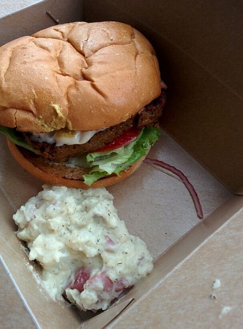 Bacon Cheese Burger with potato salad side at The Butcher's Son in Berkeley