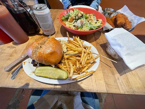 Pulled "pork" sandwich and fries at The Butcher's Son in Berkeley