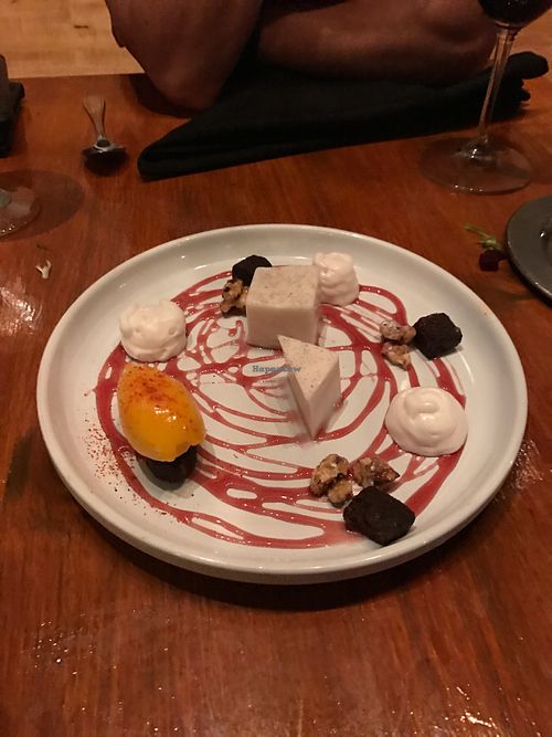 Dessert - raw brownies, coconut cream, mango sorbet, agar jello at Cocina Abierta  in San Juan